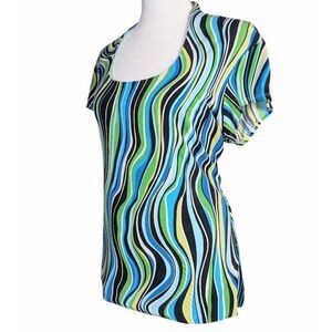 90s Grace abstract swirl green blue black scoop neck cap sleeve top tee womens M